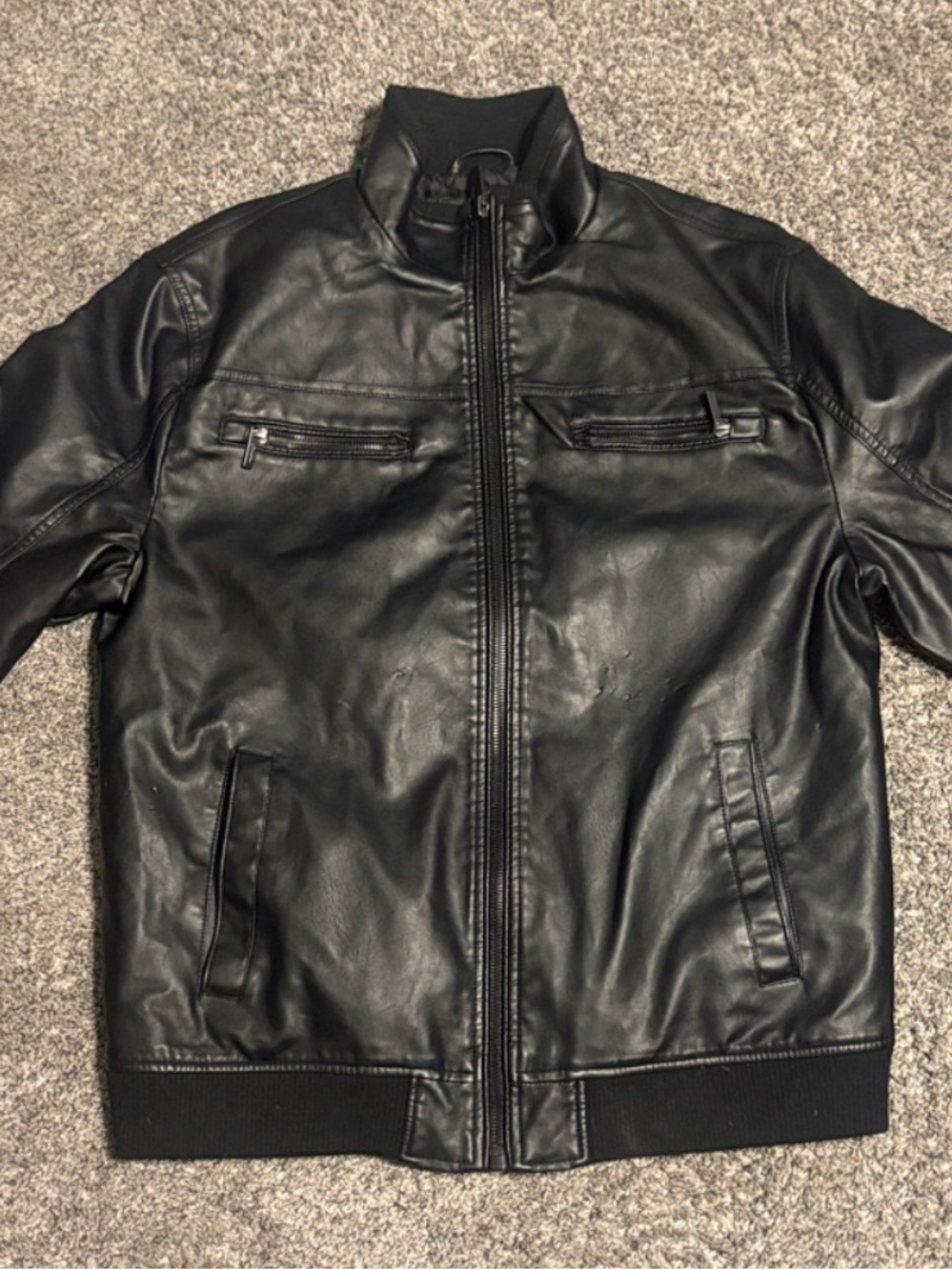 Men's Black Faux Leather Bomber Jacket with Ribbed Trim